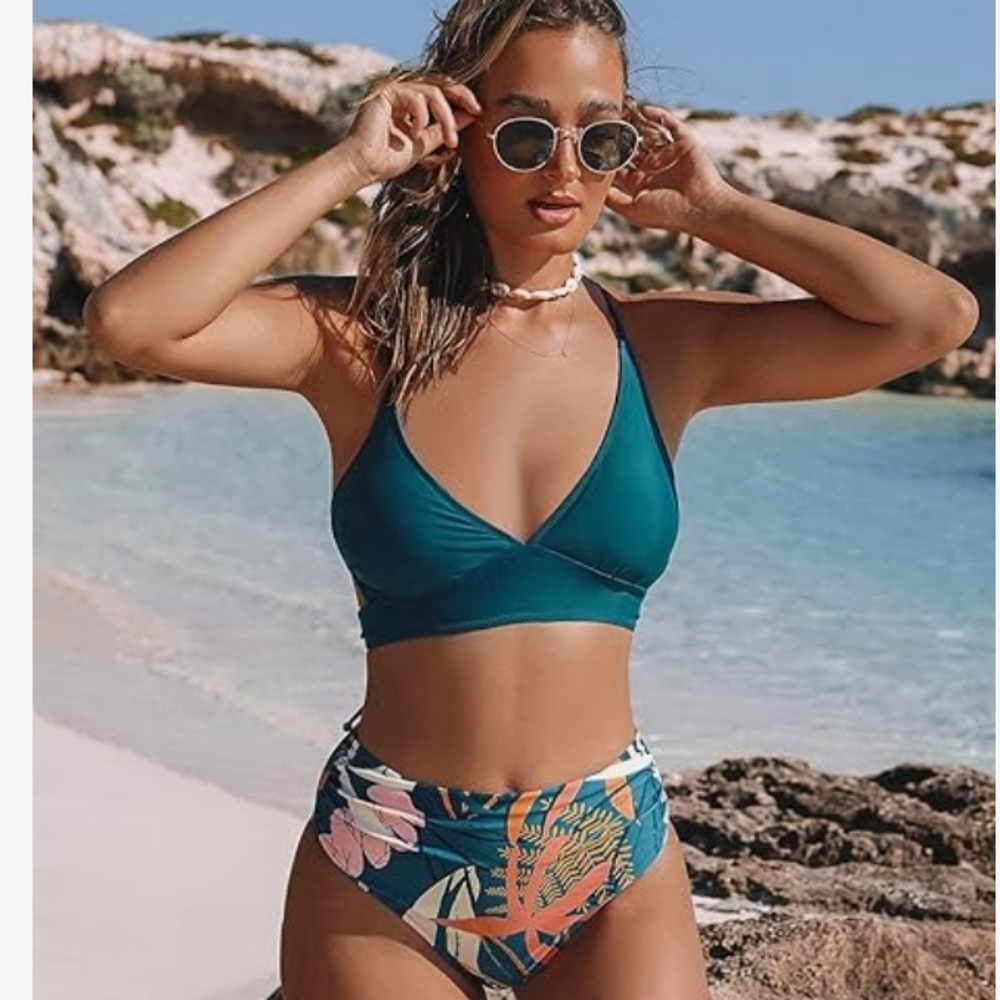 Roselychic Two Piece Bikini  Sexy V‎ Neck Bathing Suit High Waisted SZ M